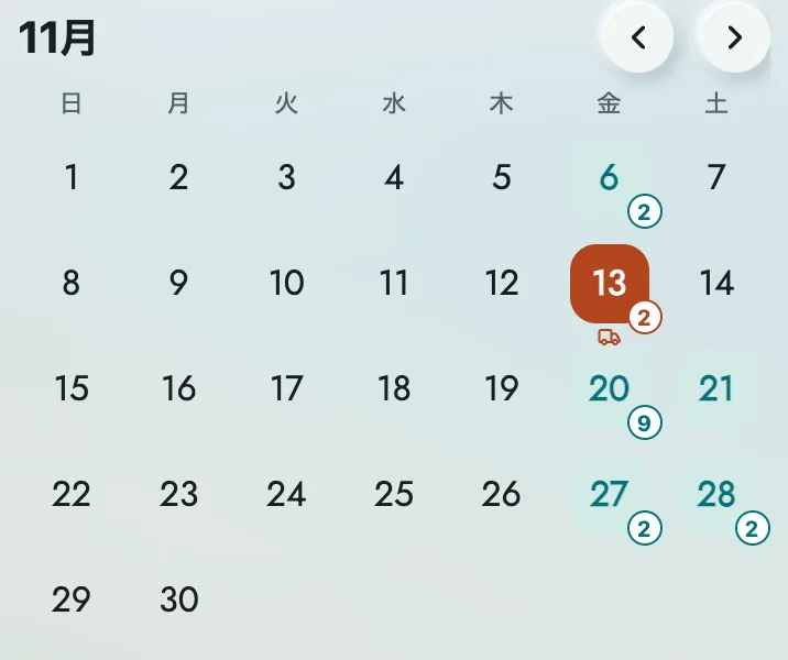 締め切りカレンダーの例。11月の暦で、引っ越しの日の13日と、締め切りのある6・20・21・27・28日に色と件数