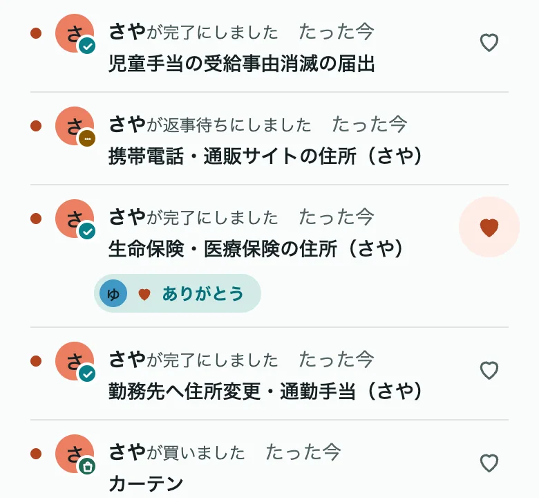 家族の動きの例。さやが完了にした手続きに、ゆうから「ありがとう」